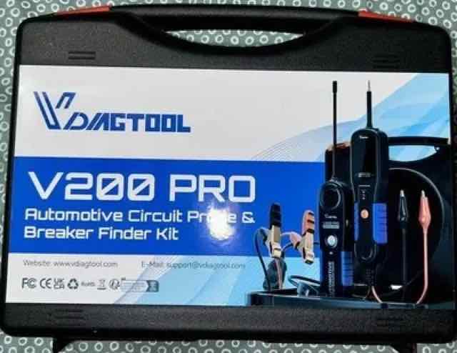 V200 Pro automotive circuit probe and breaker kit in a black carry case, shown on the product packaging with test leads and probes pictured on the front.